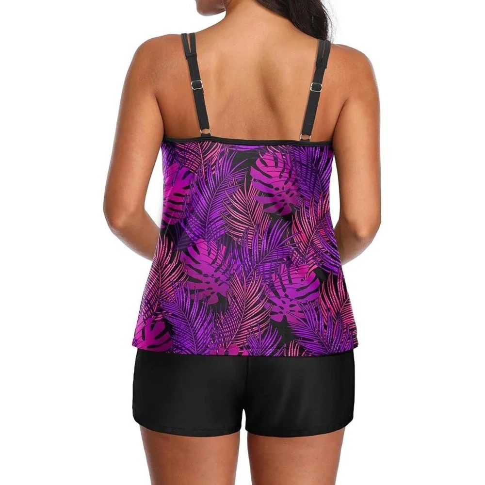 Tempt Me Womens Tankini Swimsuit Tropical Palm Purple Pink Boy Shorts Set XS NEW